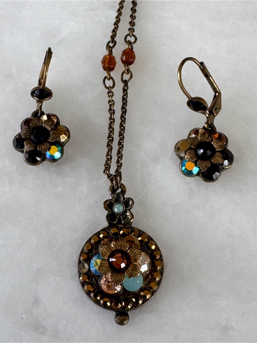 Michal Negrin Brown and Amber Floral Crystal Necklace with Matching Earrings